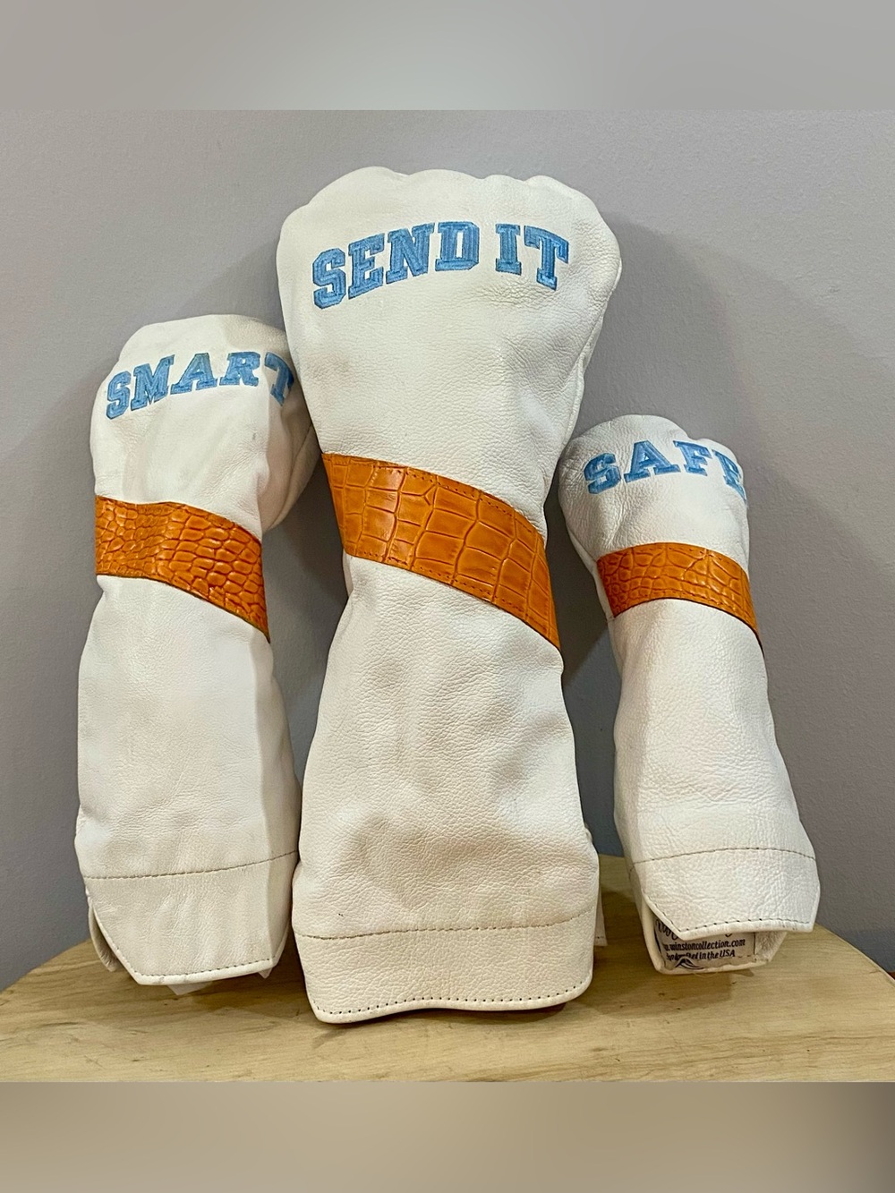 Winston Collection Golf Headcover Set SEND IT SMART SAFE White Orange Leather